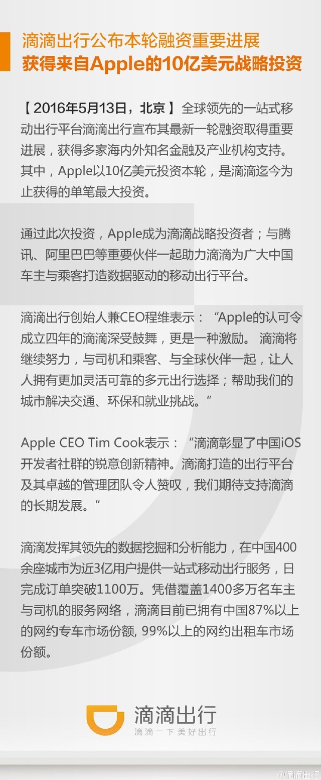 快訊:滴滴獲蘋果10億美元戰(zhàn)略投資